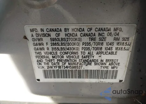 2004 Honda Pilot Ex-L from USA, damaged, VIN 2HKYF18734H598537